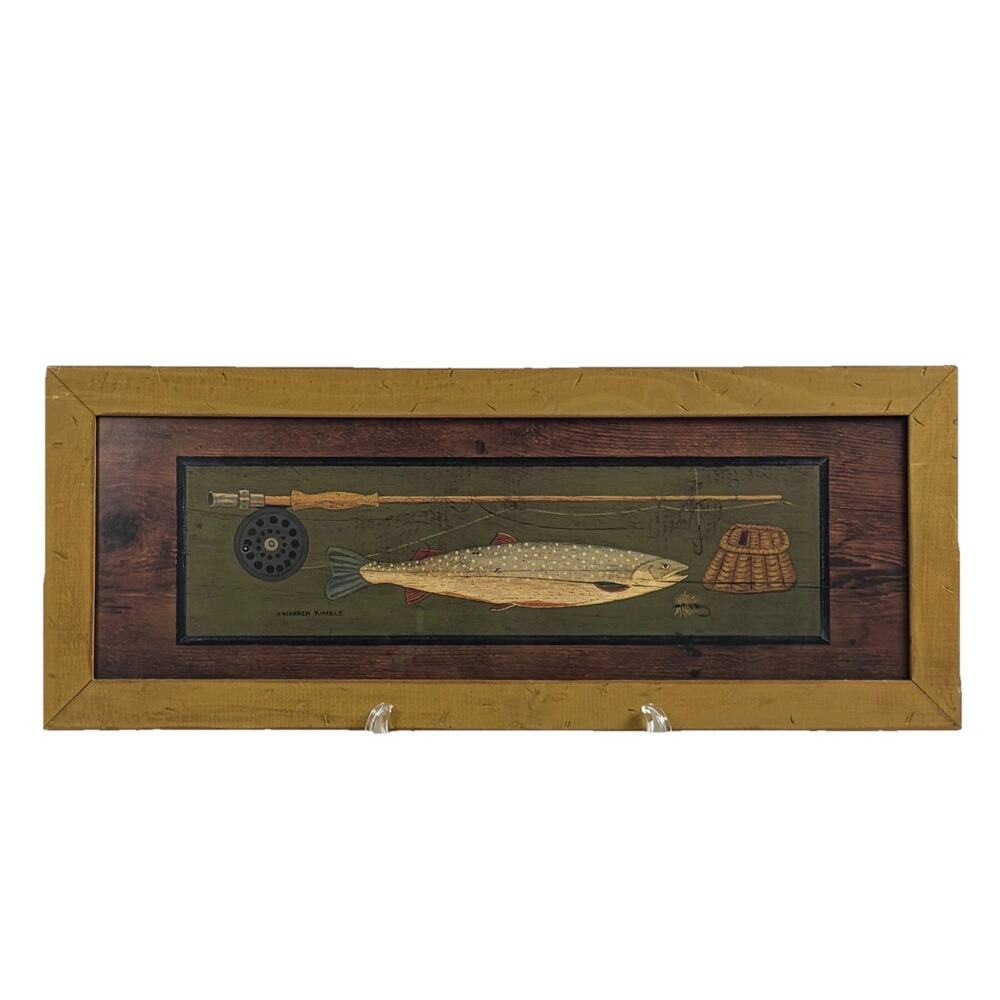 VTG Warren Kimble Fish Print Thads Delight Wood Framed Folk Rustic Fly Fishing